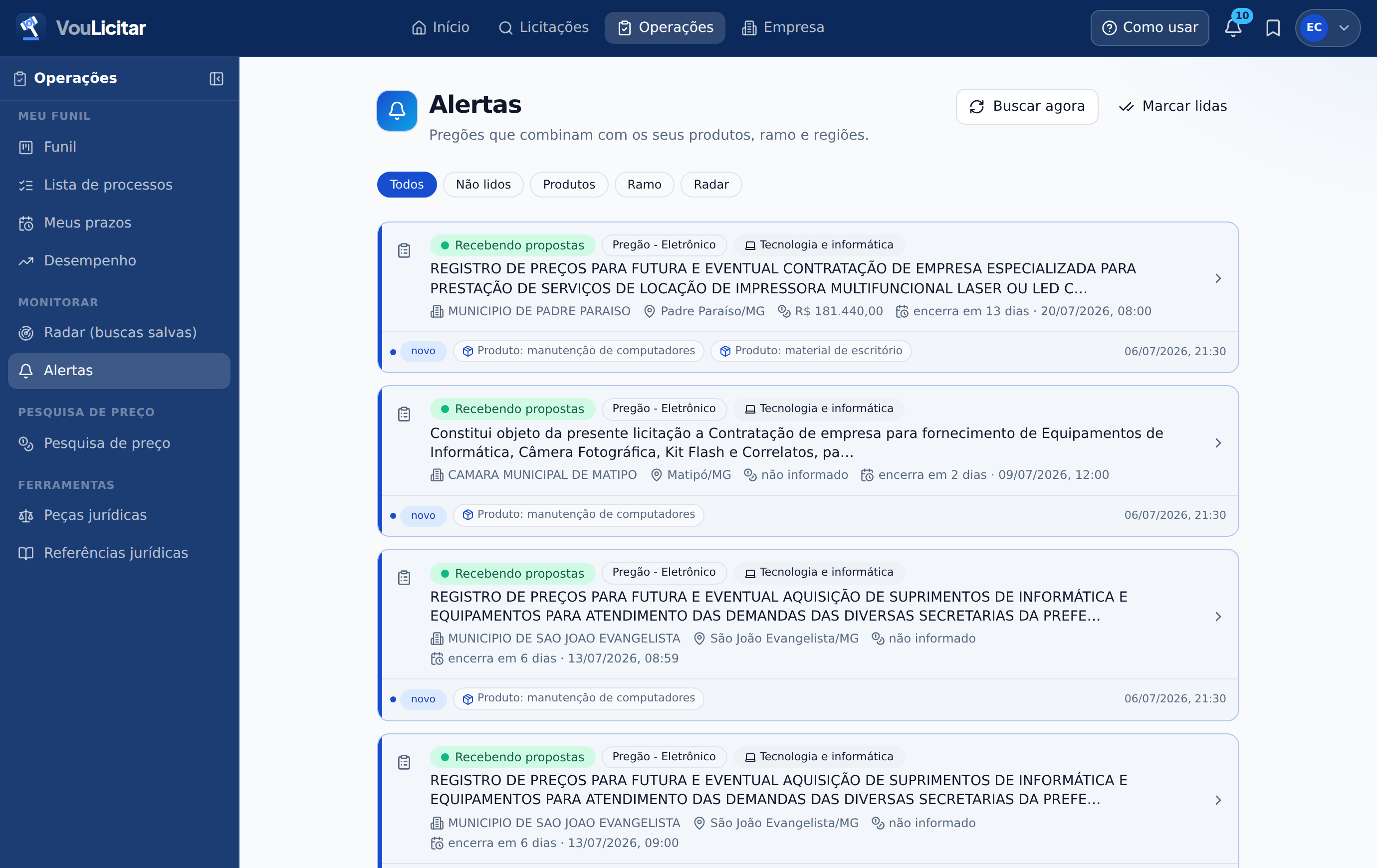 Alertas do seu ramo na versão web