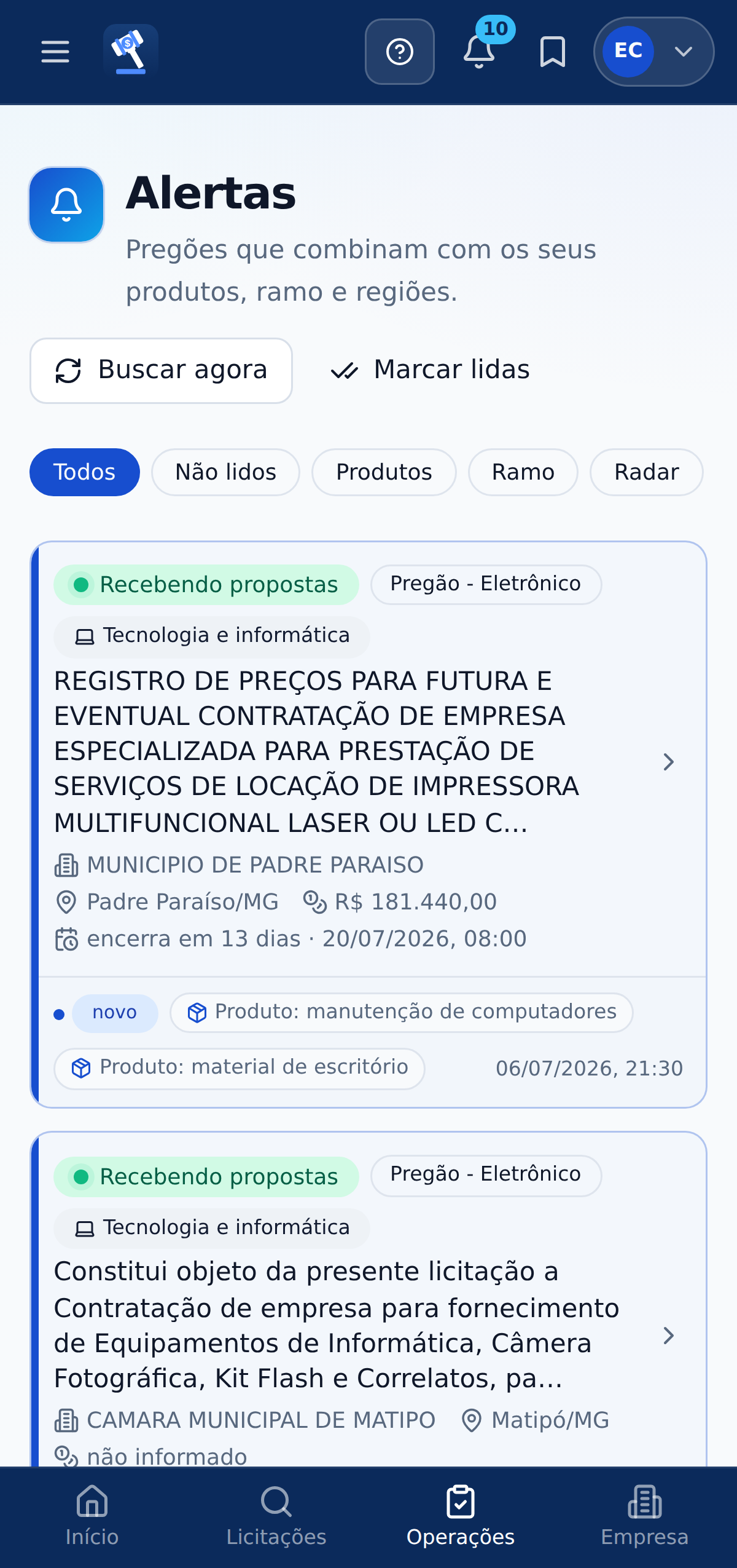 Alertas do seu ramo no celular