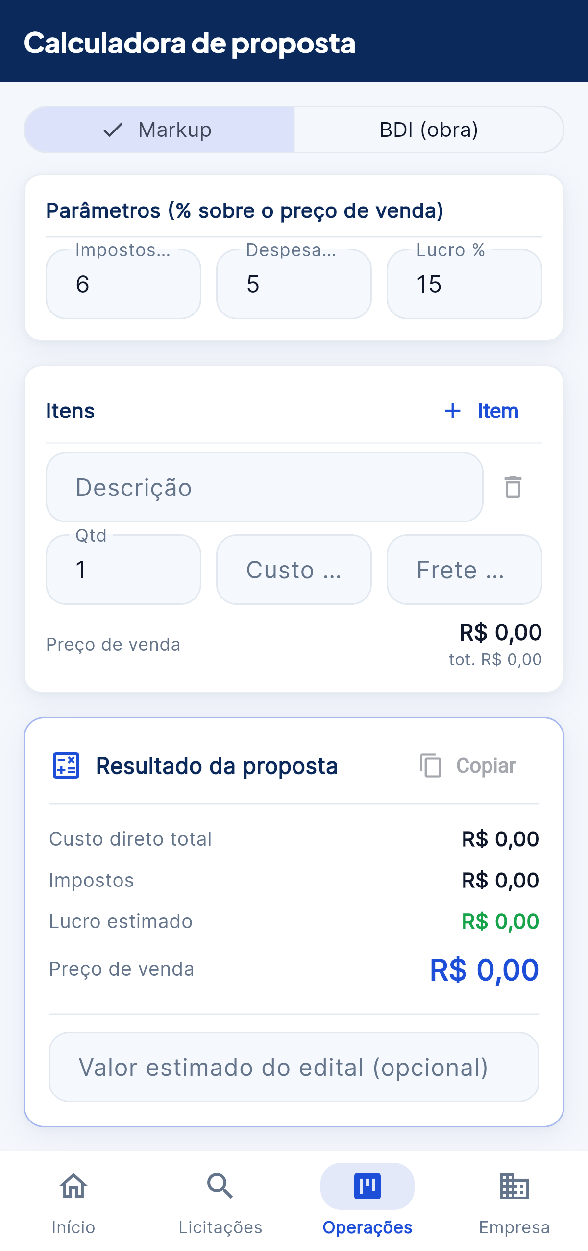 Calculadora de proposta no celular