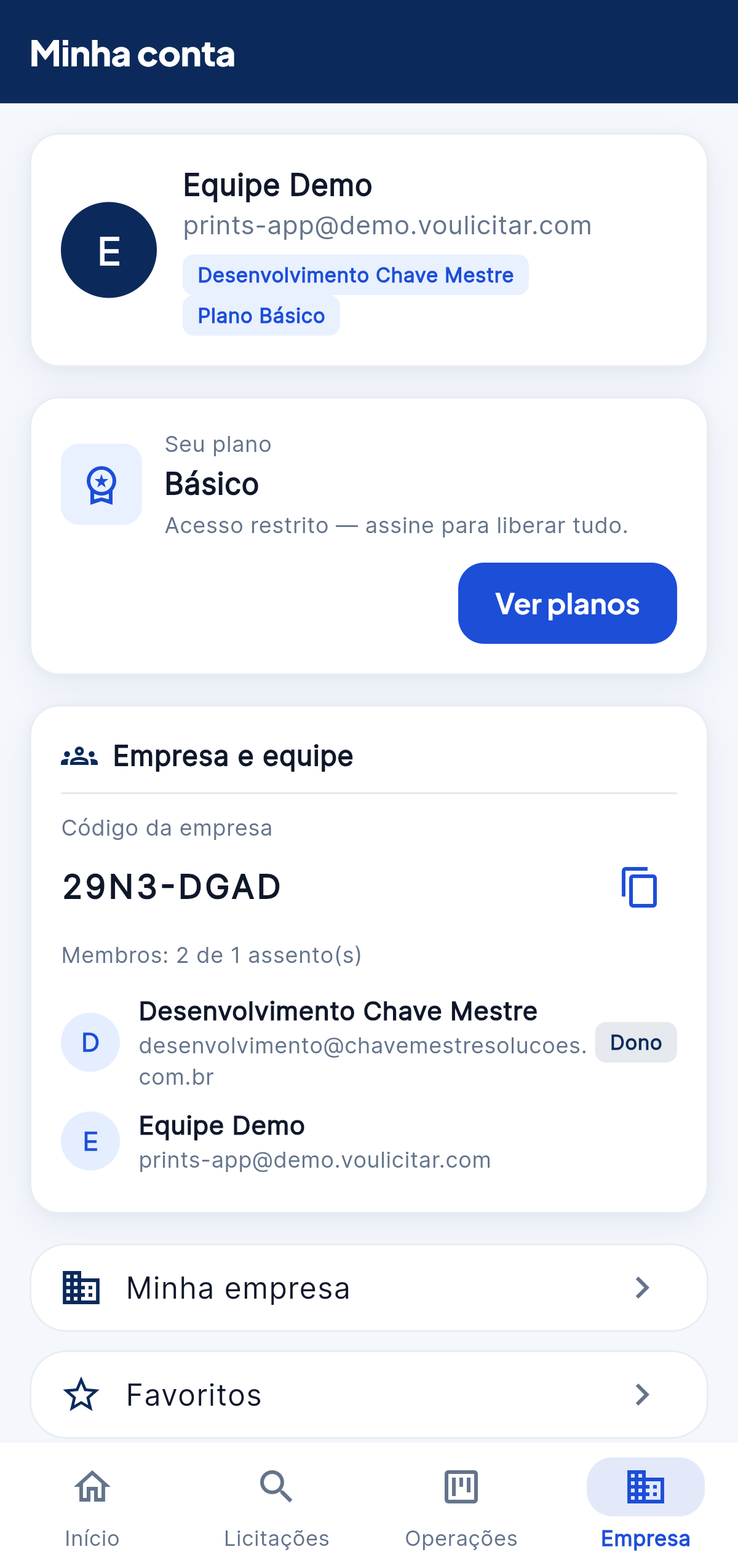 Conta e equipe no celular