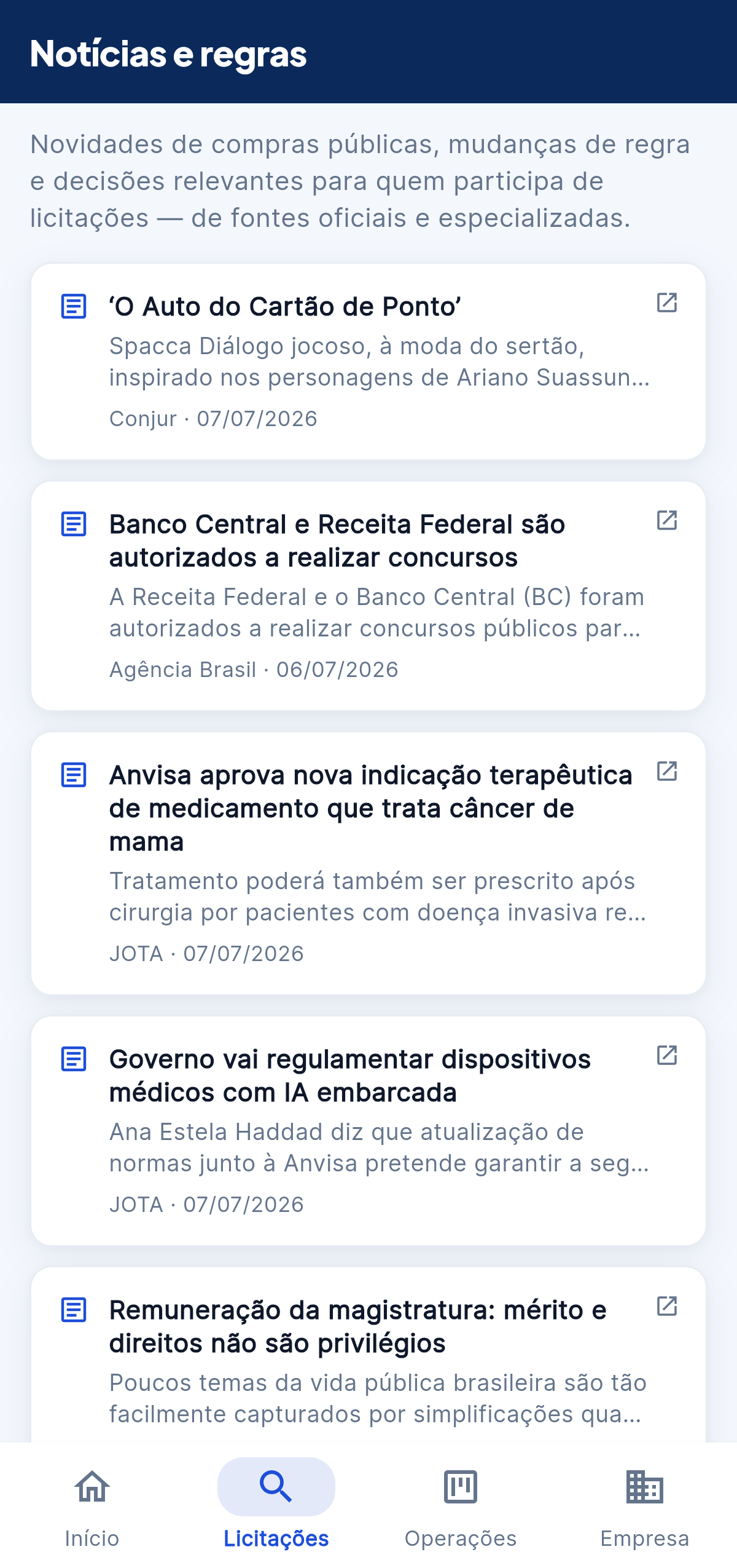 Notícias e regras no celular