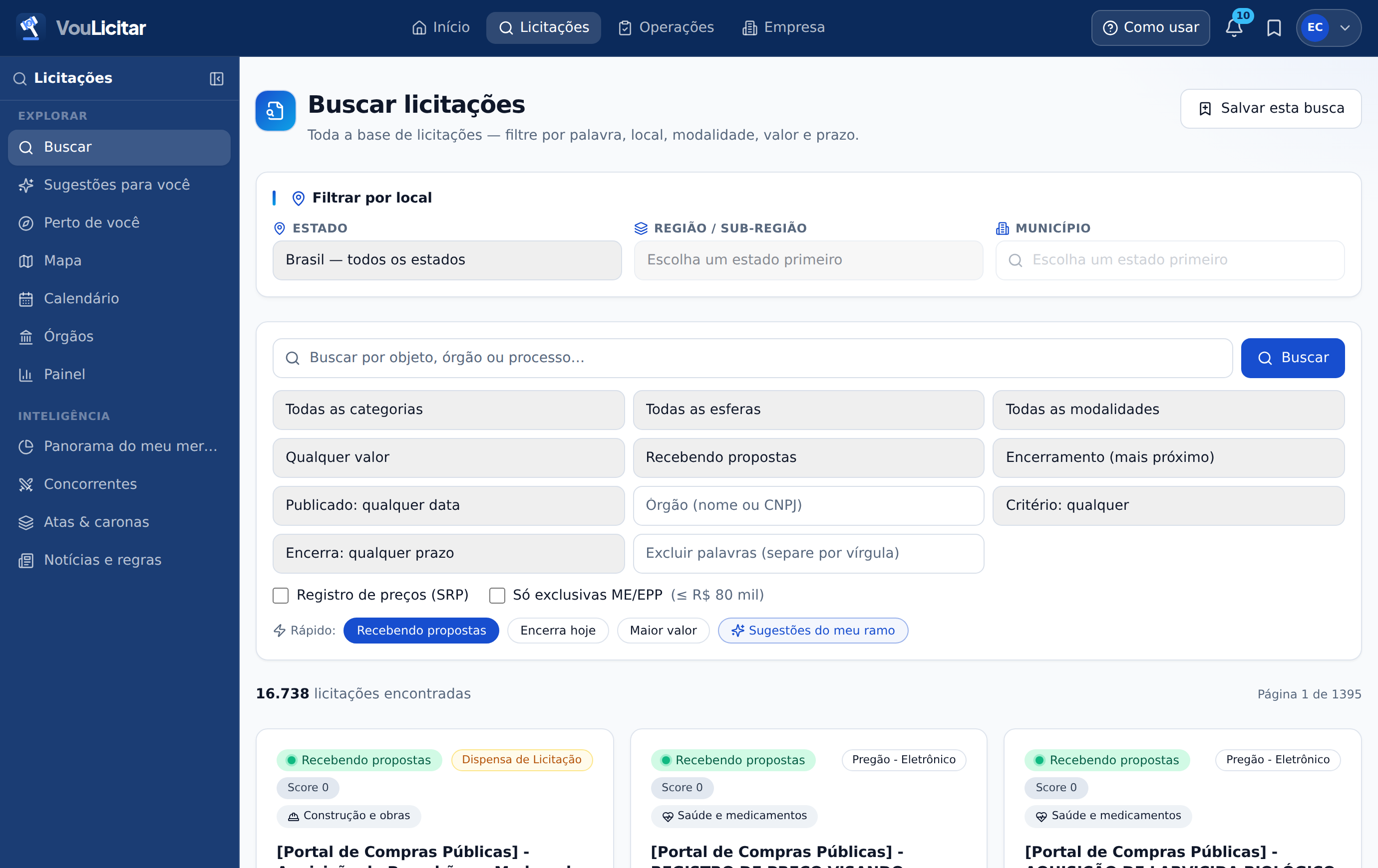 Buscar licitações na versão web