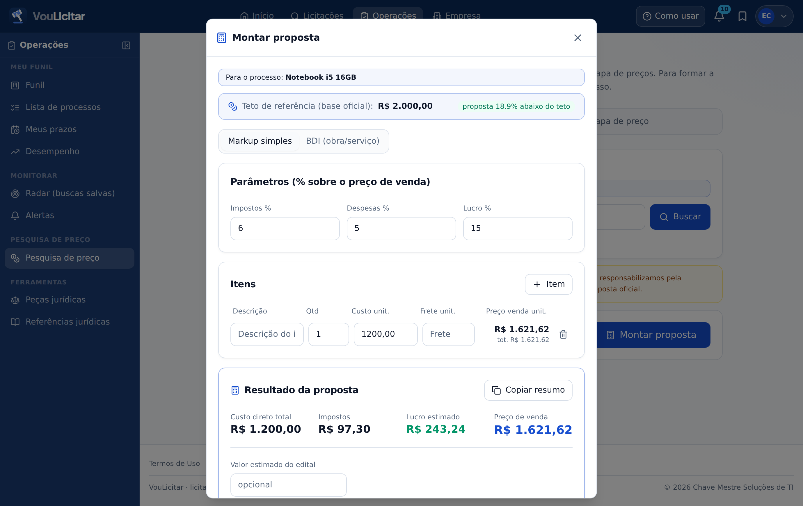 Calculadora de proposta na versão web