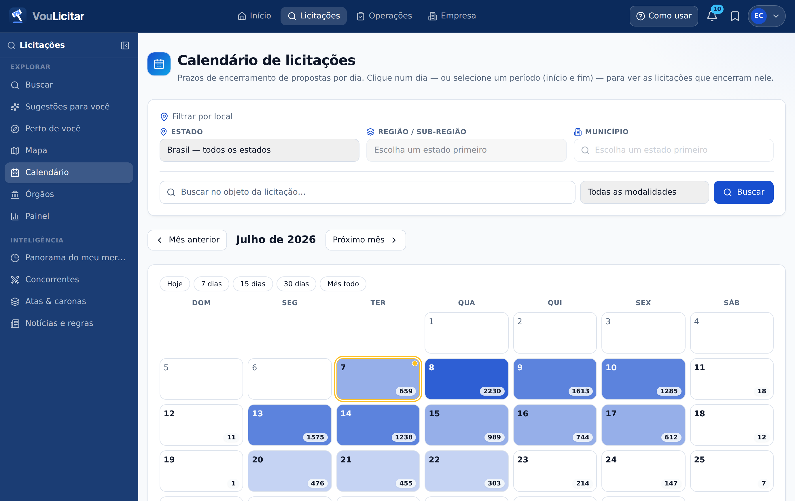 Calendário de prazos na versão web