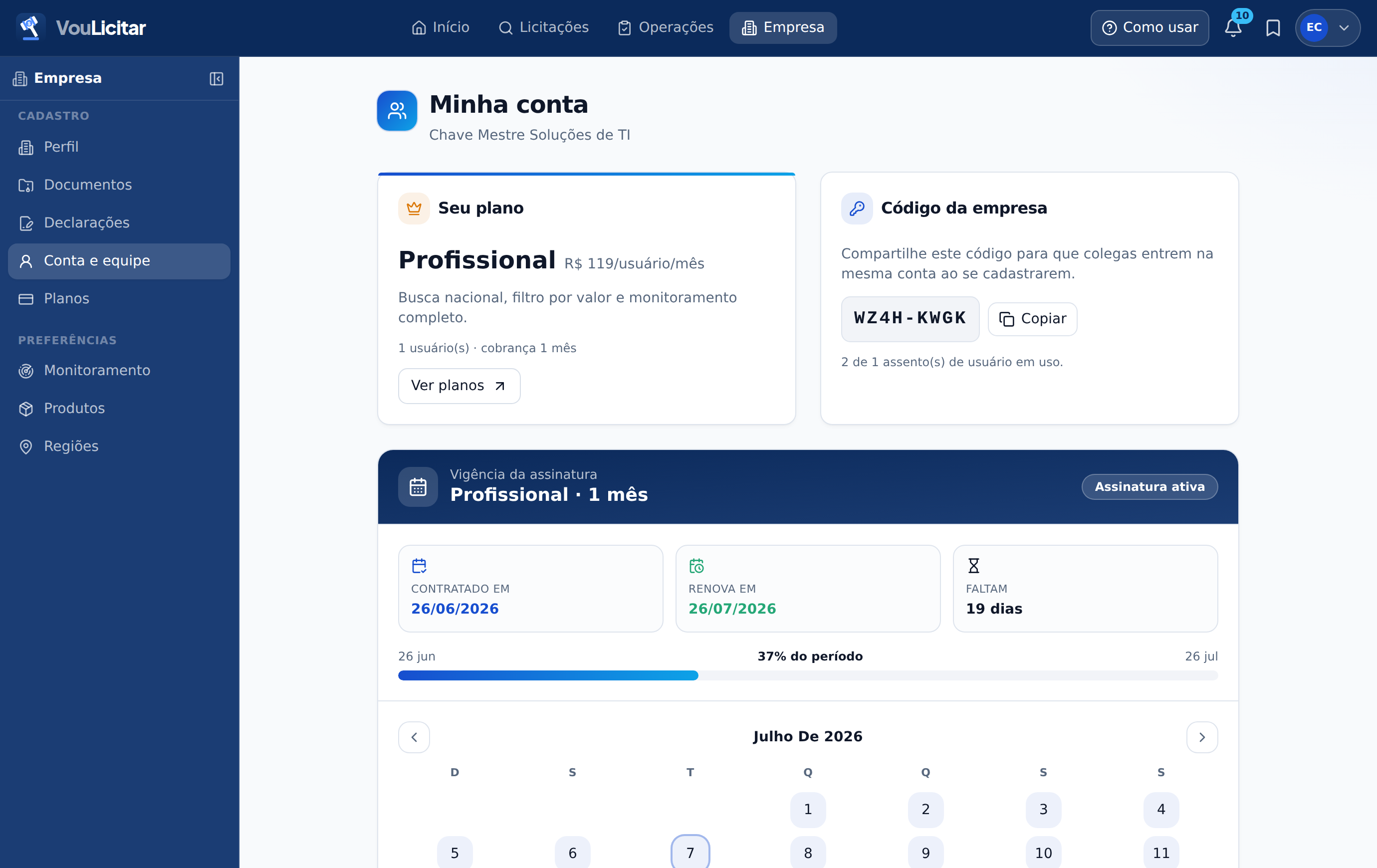 Conta e equipe na versão web