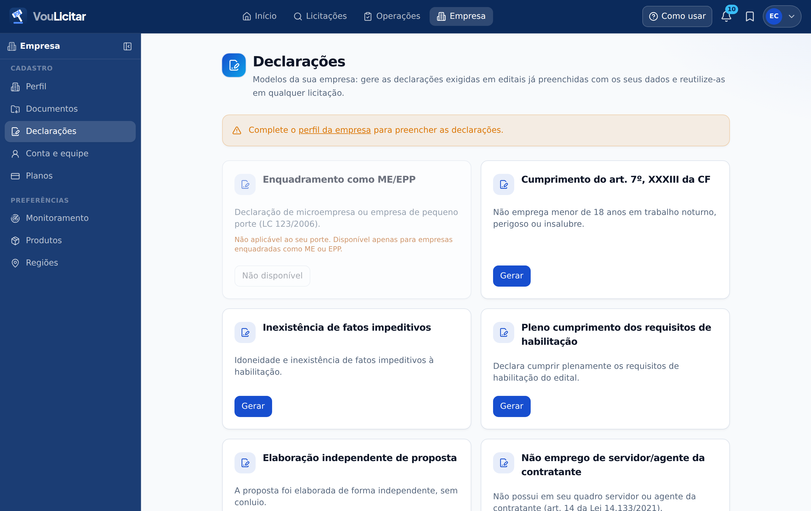 Declarações prontas na versão web