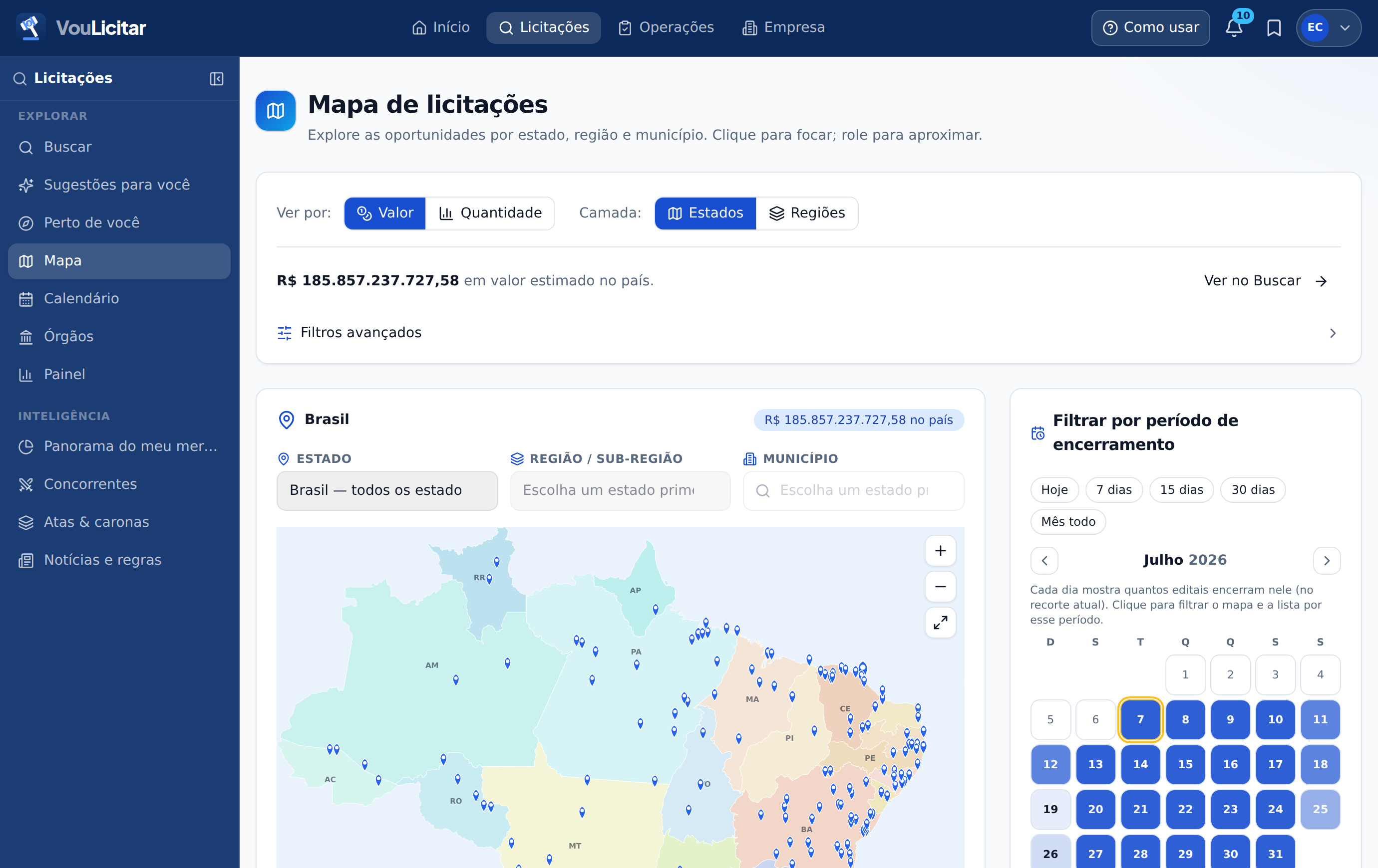 Mapa de oportunidades na versão web