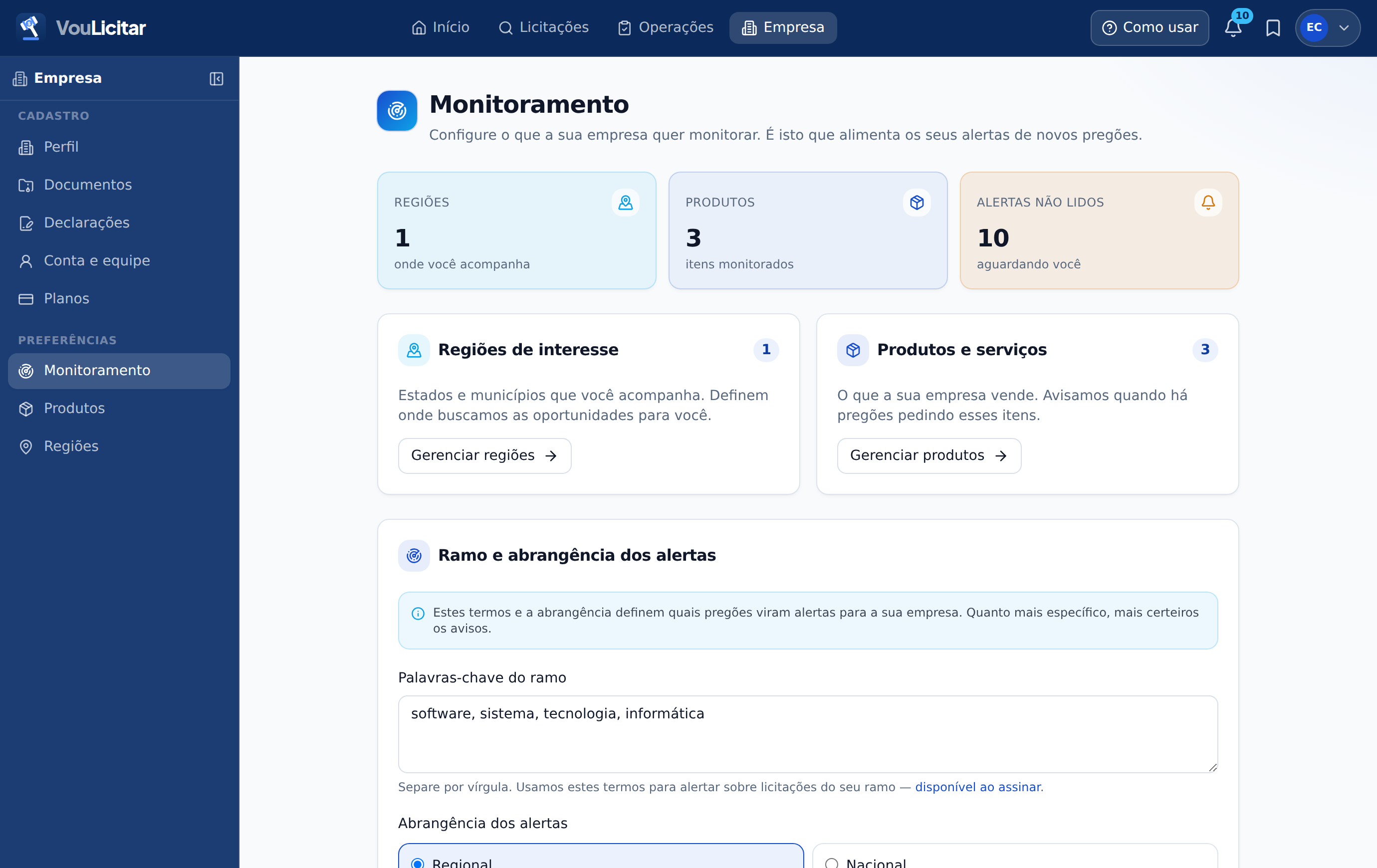 Monitoramento e palavras-chave na versão web