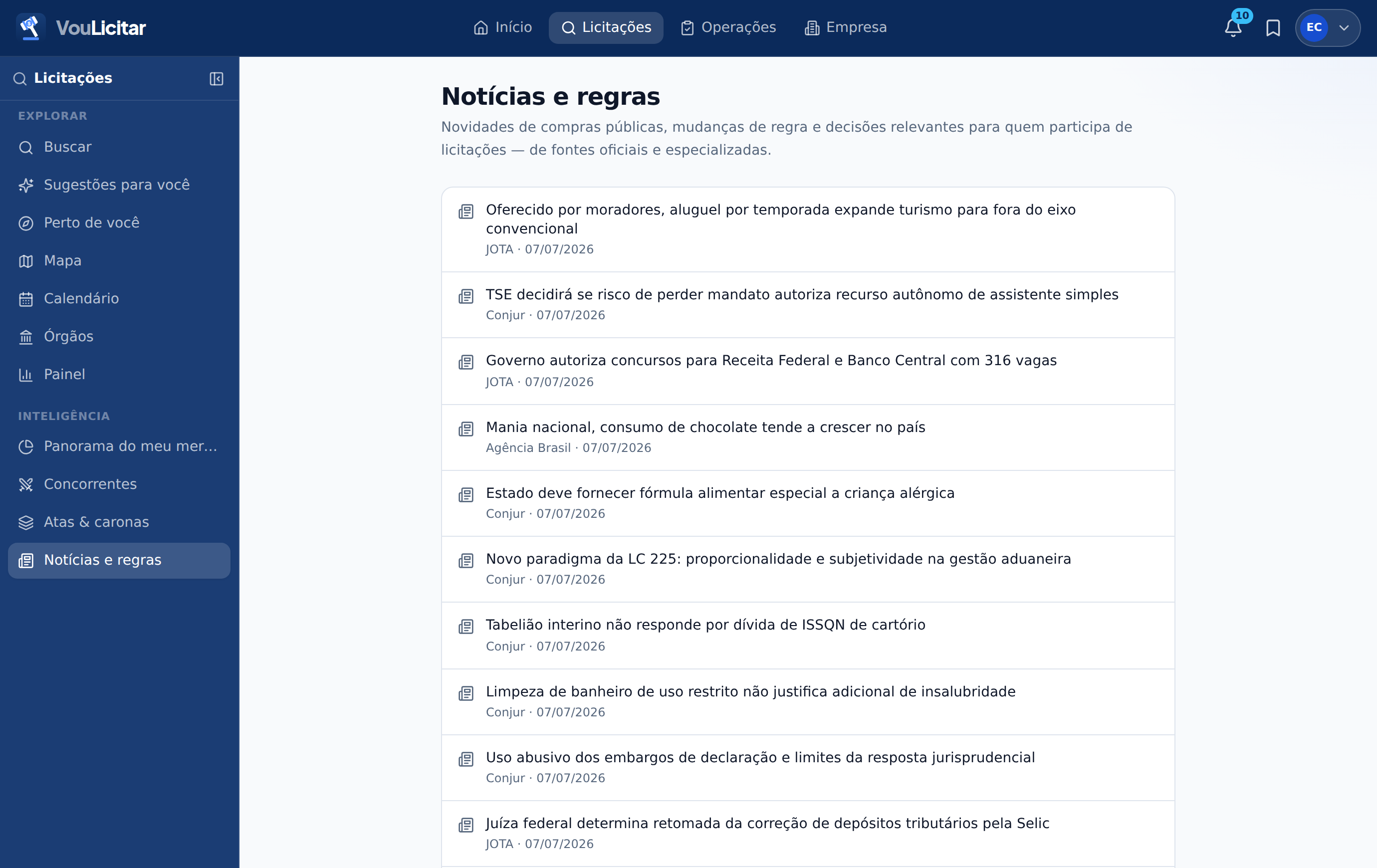 Notícias e regras na versão web