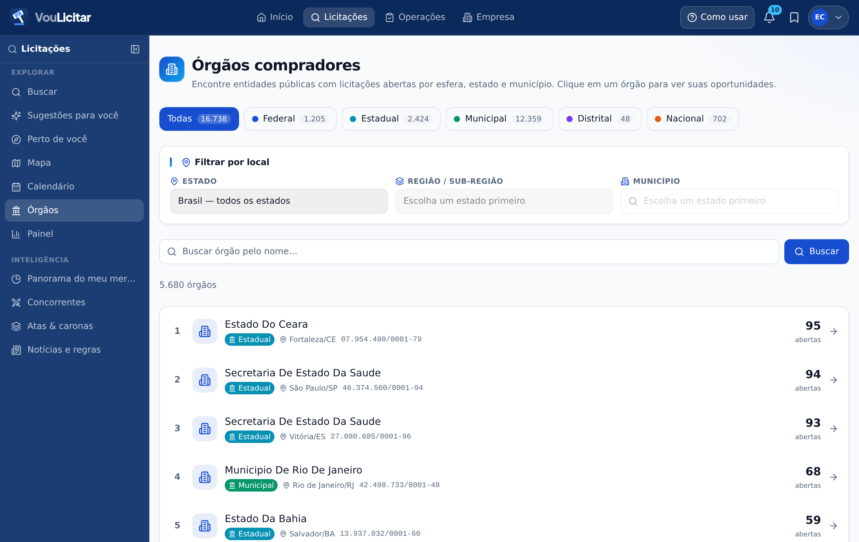 Órgãos compradores na versão web