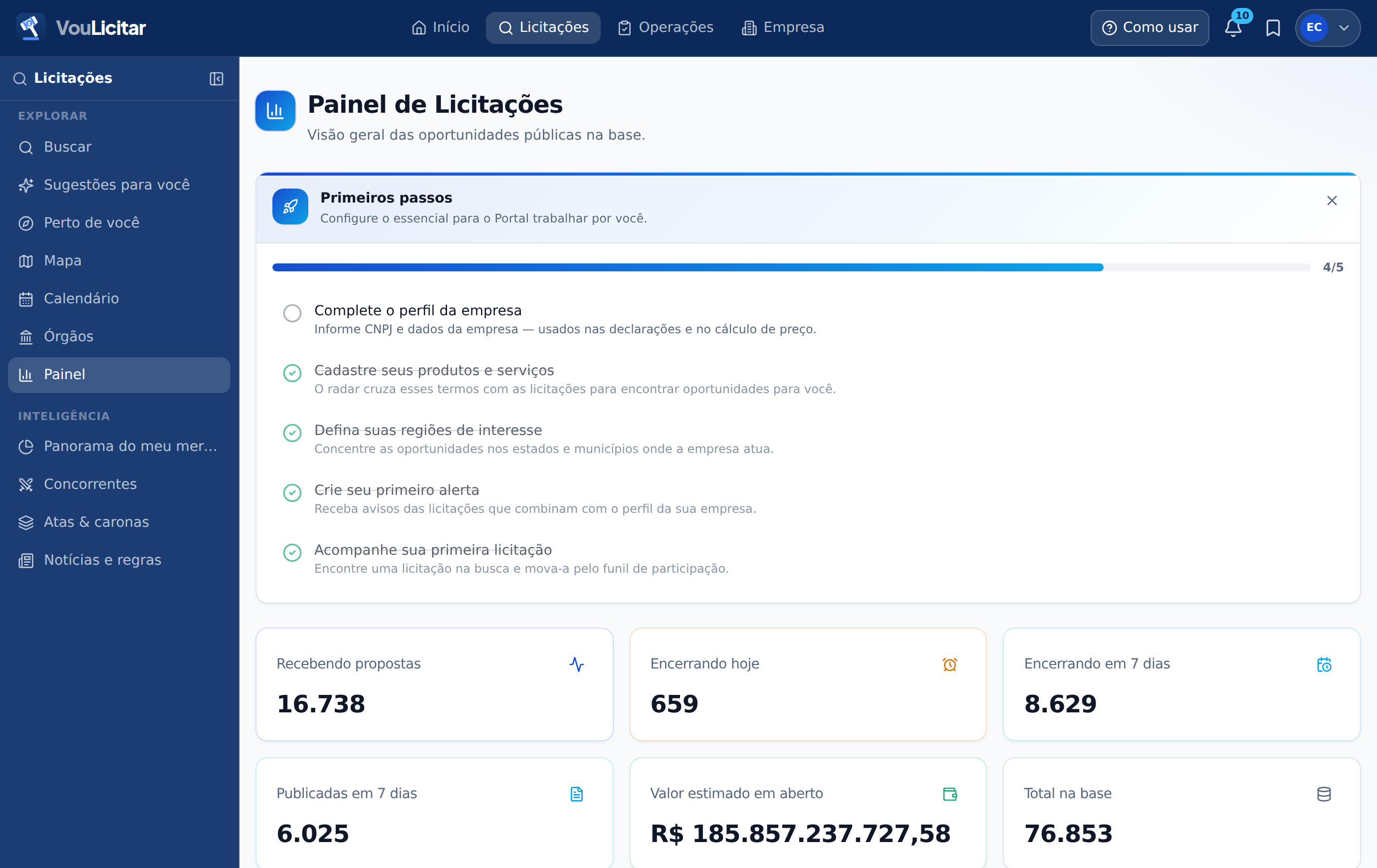Painel do VouLicitar na versão web
