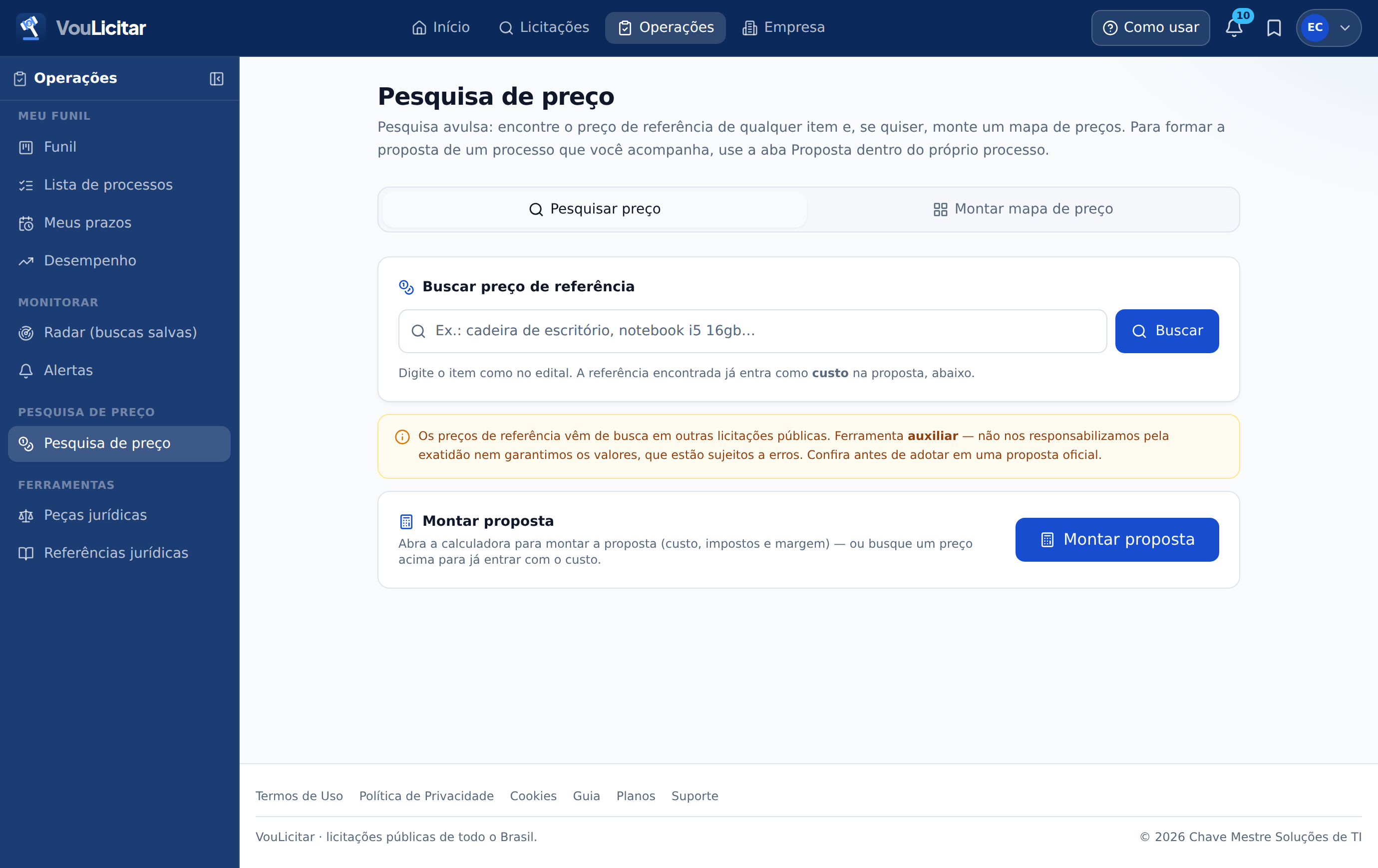 Pesquisa de preço na versão web