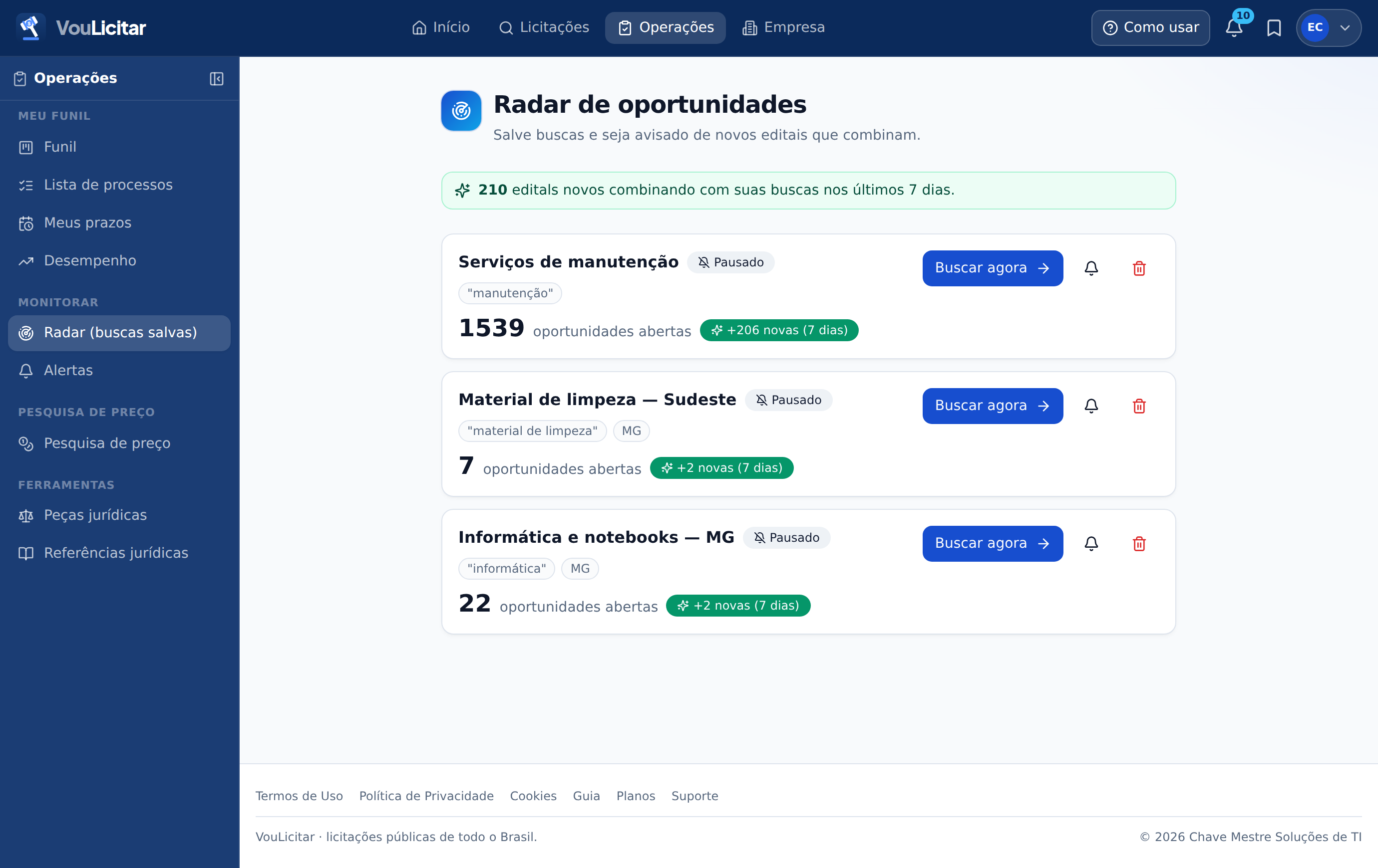 Radar de buscas salvas na versão web